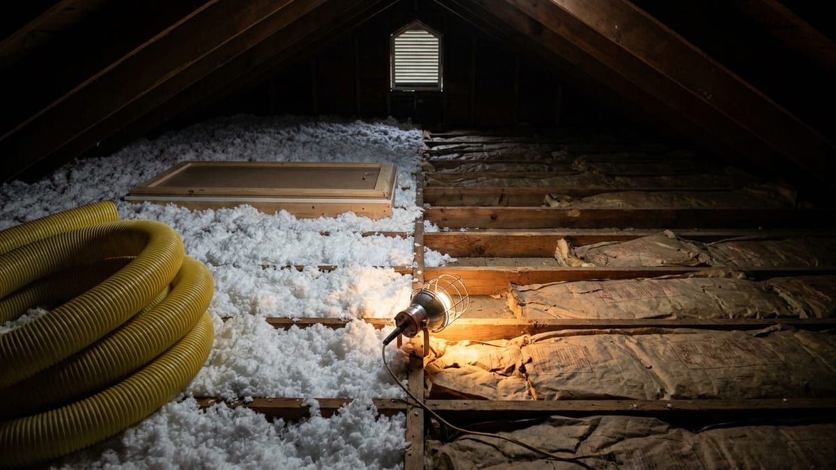 Attic interior with fresh blown-in fiberglass covering the joist bays on one side and bare joists with thin old insulation on the other, insulation hose coiled near the hatch under a work light