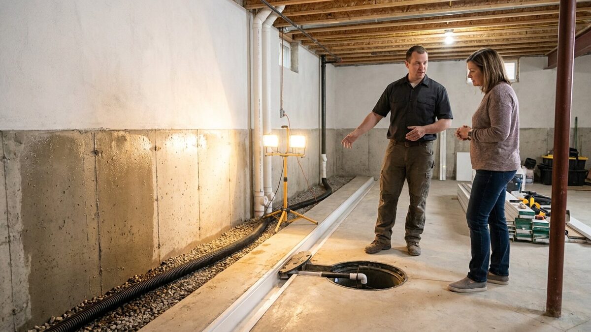 Waterproofing contractor explaining an interior drainage channel and sump pump to a homeowner in a clean unfinished basement under bright work lighting