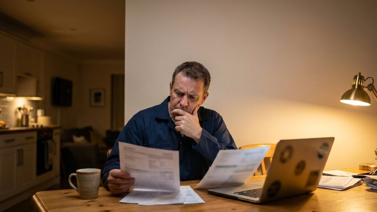 Contractor at a kitchen table comparing printed cost sheets side by side with an open laptop and a coffee cup in warm evening light