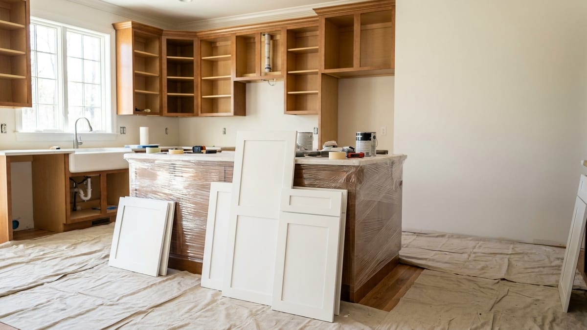 Kitchen mid-project with cabinet doors removed to expose the boxes, new shaker doors and drawer fronts leaning against a film-wrapped island, drop cloths on the floor and daylight from a side window