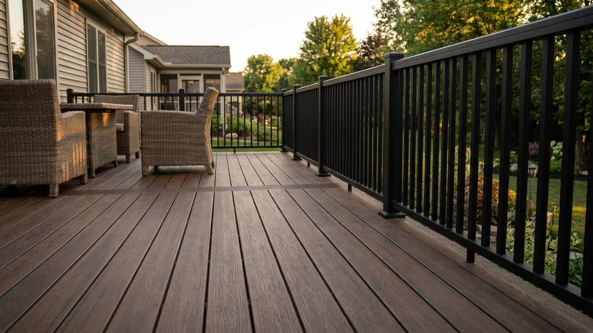 Finished composite deck with black aluminum railing attached to the back of a suburban home, patio furniture at the far edge, warm evening light across empty deck boards in the foreground