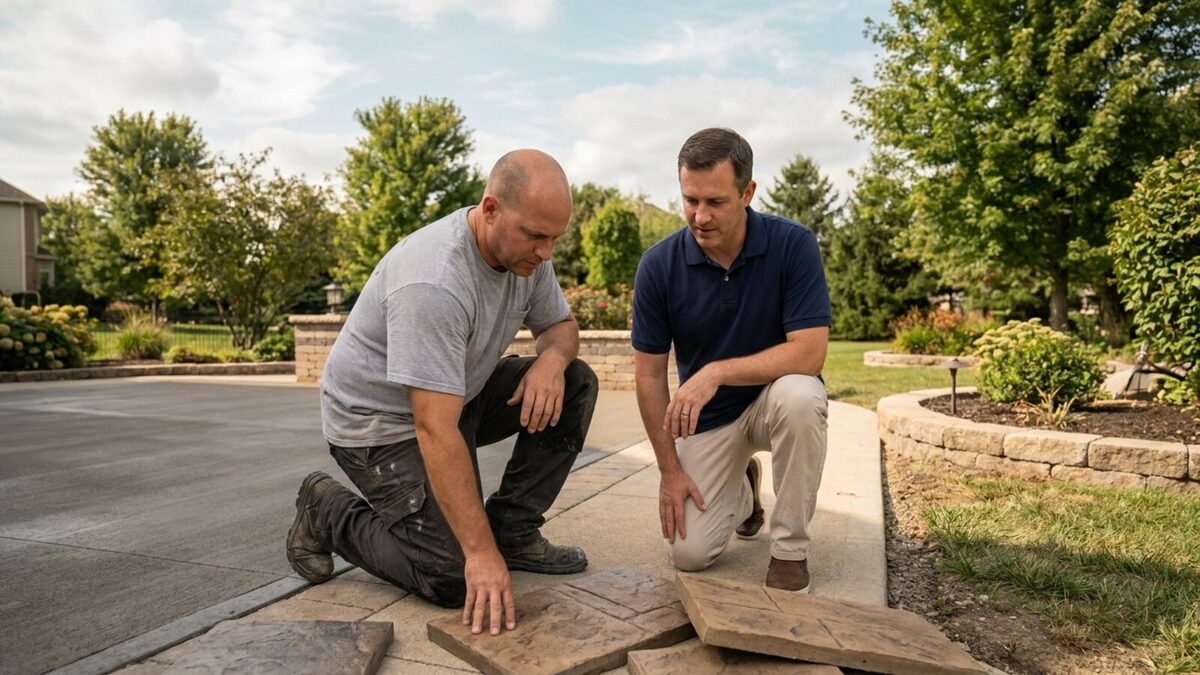 Concrete contractor showing a homeowner stamped concrete patio samples beside a freshly poured backyard patio