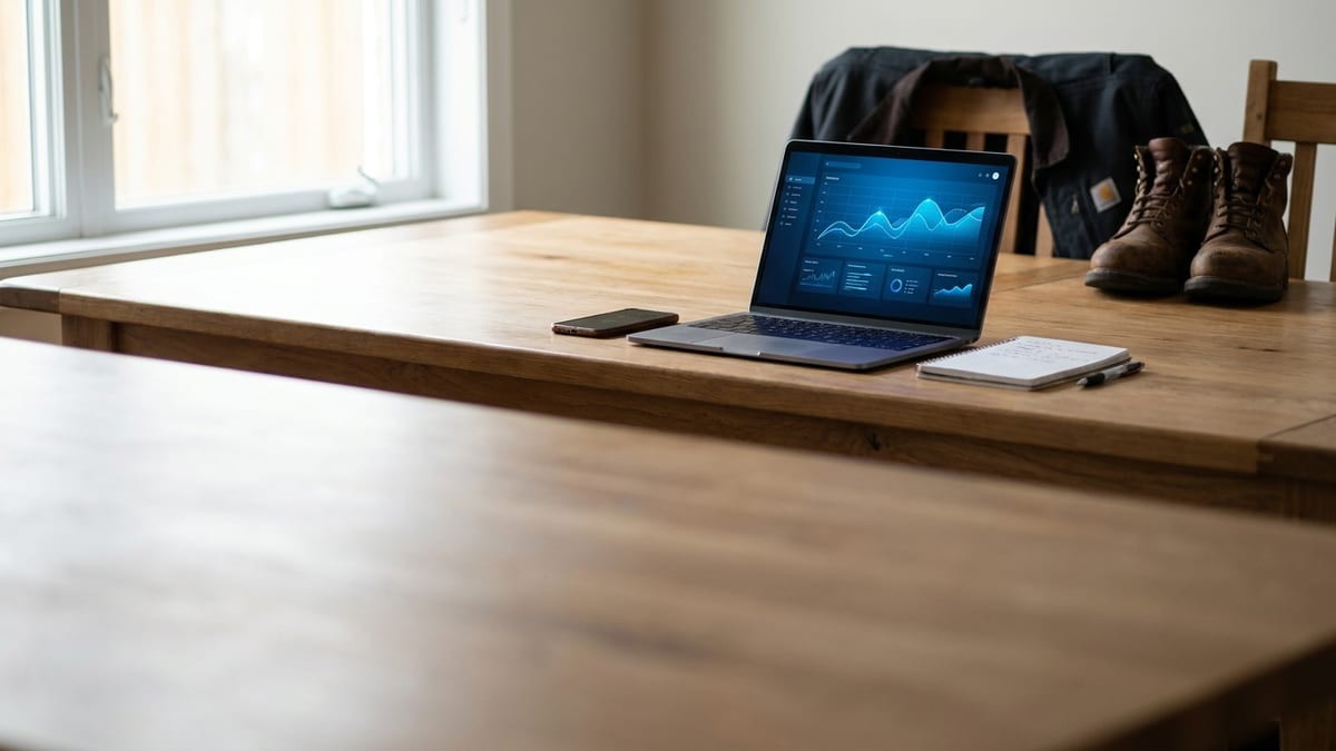Laptop open on a kitchen table showing a blue line-chart ad dashboard, a phone and notepad beside it, work boots and a jacket on the chair behind, soft window light