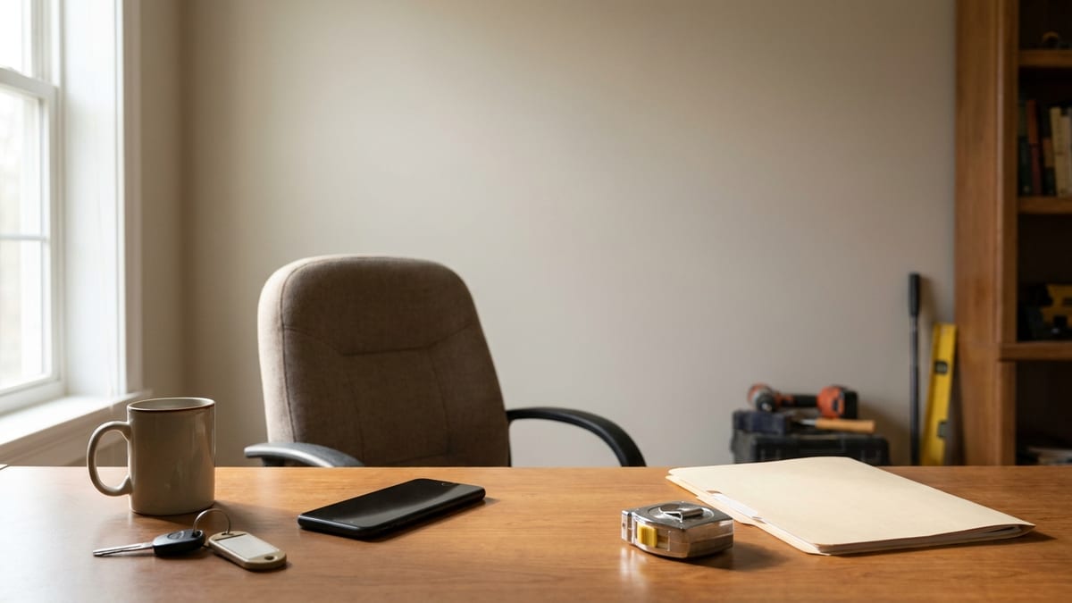 Contractor's home office desk in morning light with a smartphone face-up beside a coffee mug, truck keys, a tape measure and a closed folder, with an empty chair pushed back from the desk