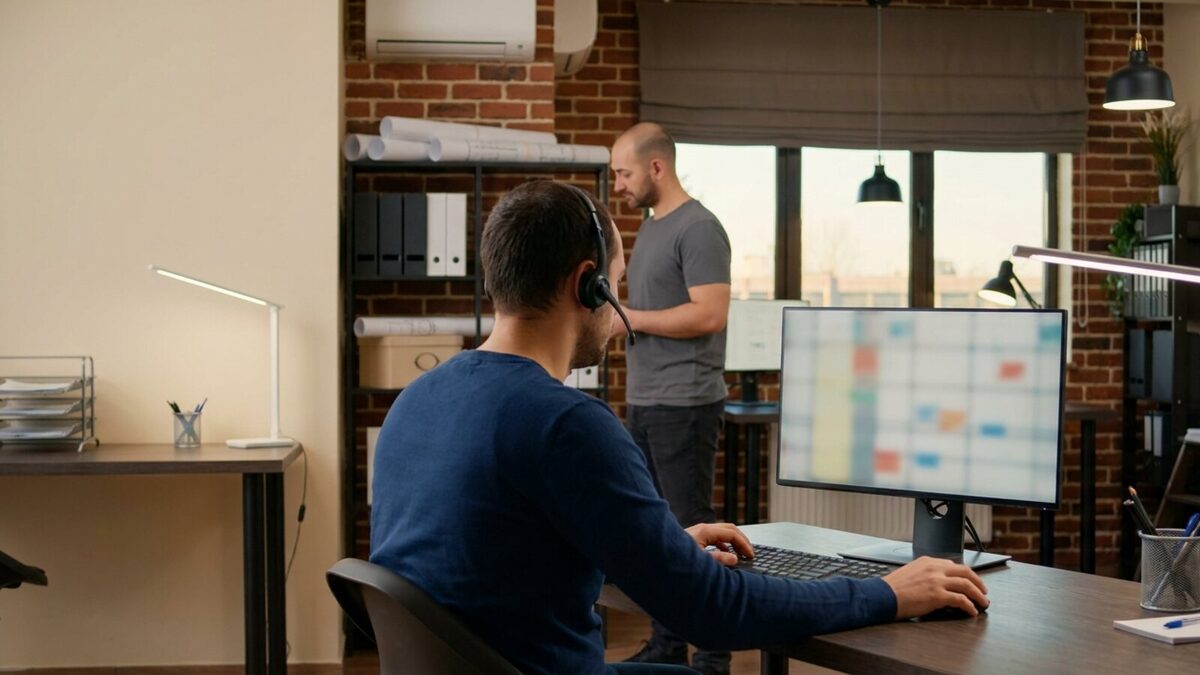 Appointment setter wearing a headset reviewing a scheduling calendar on a monitor in an organized contractor office under warm ambient light