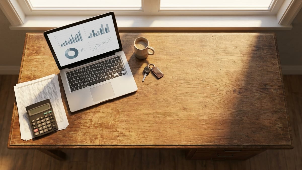 Overhead view of a contractor's wood desk with an open laptop showing a blank analytics dashboard, a printed spreadsheet, calculator, coffee mug and truck keys in warm window light