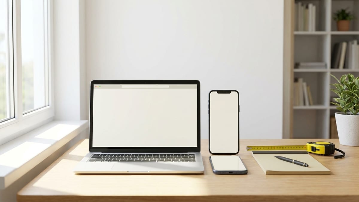 Laptop and smartphone side by side on a clean white desk showing blank light-colored web page layouts, with a notepad, pen and tape measure beside them under bright office light
