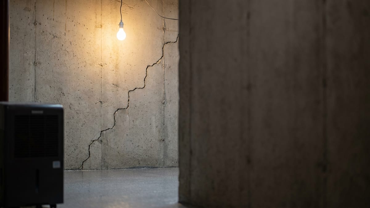 Stair-step crack running through a poured concrete basement wall under a bare bulb, with a dehumidifier and a sealed floor visible at the edge of the frame