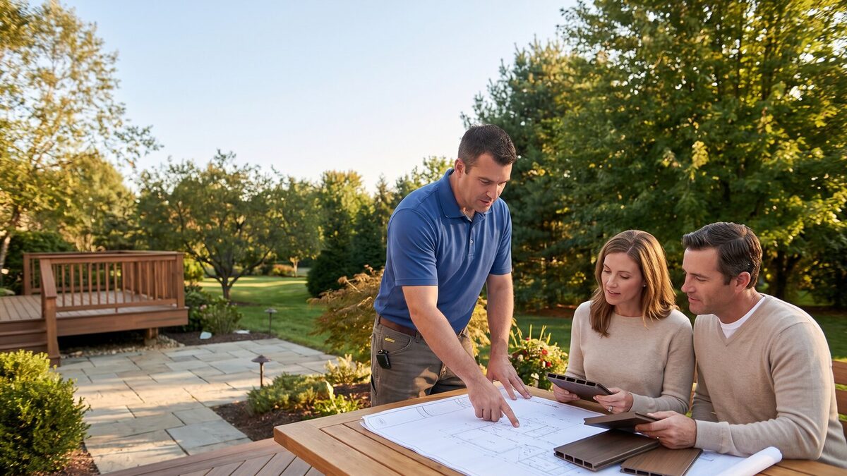 Deck builder reviewing a composite deck design plan with homeowners in an upscale backyard during golden hour