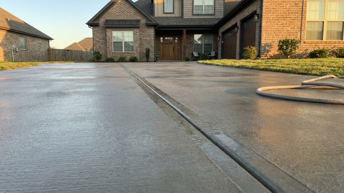 Freshly poured and finished concrete driveway in front of a brick suburban home, crisp control joints, clean edges and a visible saw-cut line, morning light across the empty slab