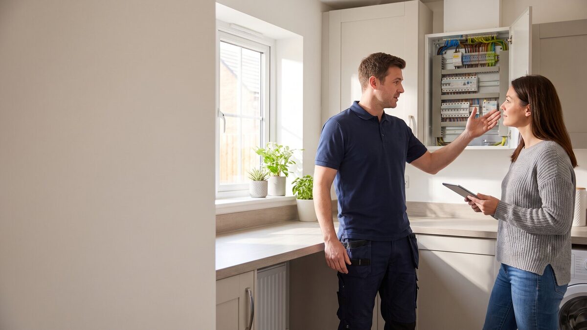 Electrician reviewing electrical panel upgrade options with a homeowner