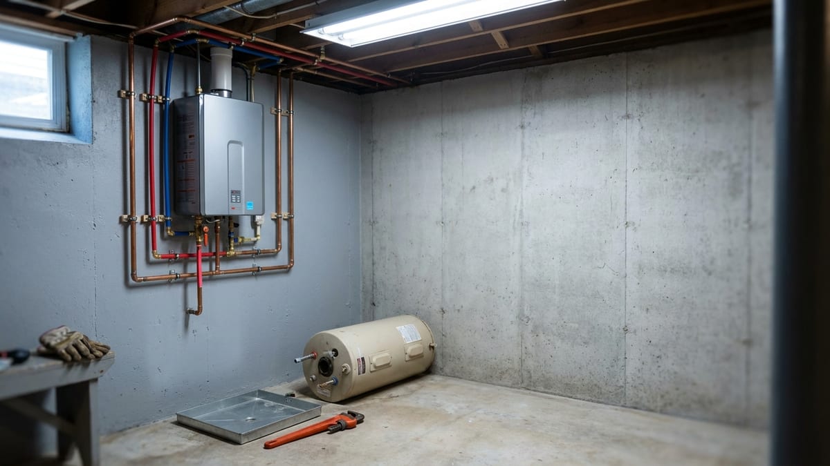 Basement utility area with a newly installed tankless water heater on the wall, copper and PEX lines run overhead, and an older disconnected tank unit on the floor beside a pipe wrench and drain pan