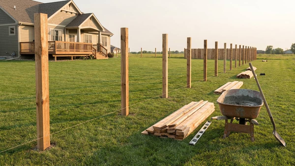 Backyard fence installation in progress with freshly set cedar posts on a string line, stacked pickets, a post level on the grass and a wheelbarrow of concrete mix in late afternoon light