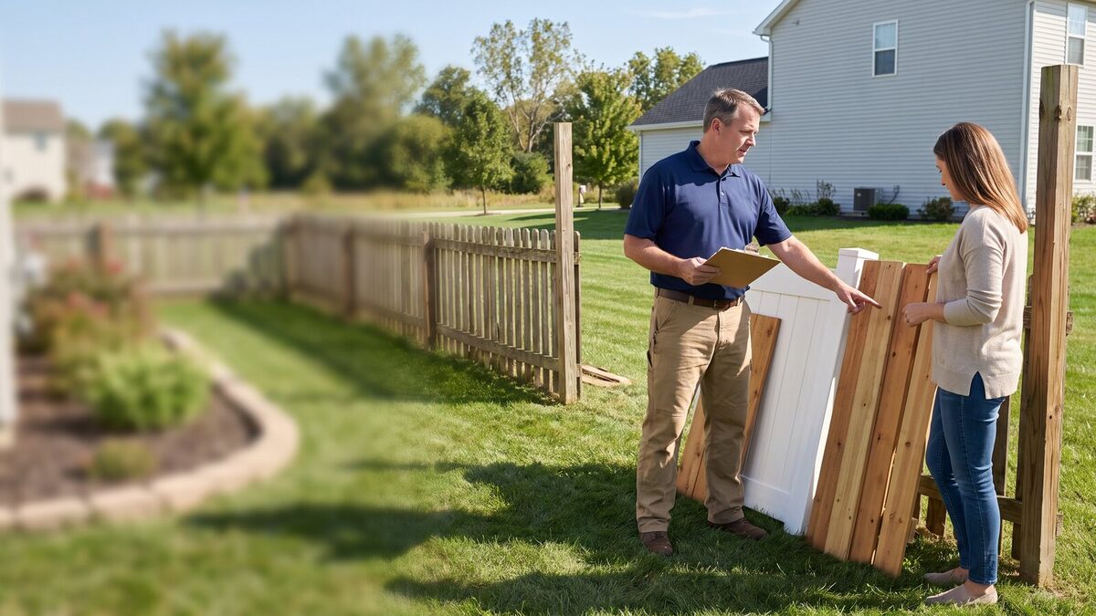 Fence contractor showing wood and vinyl fence samples to a homeowner during a consultation in a suburban neighborhood