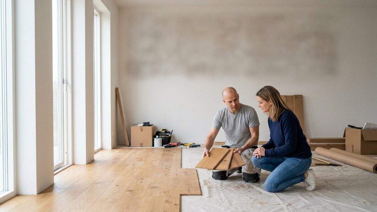 Flooring contractor showing hardwood plank samples to a homeowner in a living room mid-renovation with partially installed flooring