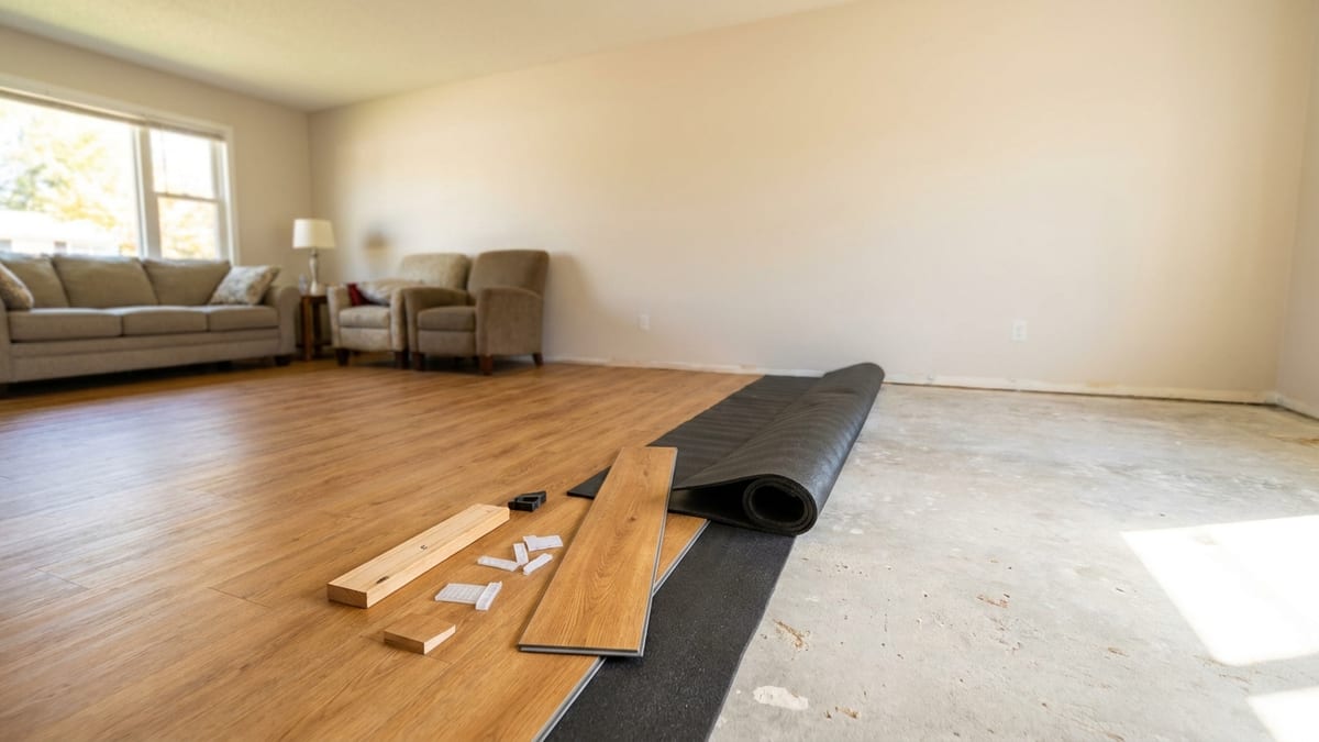 Living room mid luxury vinyl plank installation with half the floor finished in warm oak-look planks, exposed subfloor, tapping block and spacers, furniture pushed against the far wall