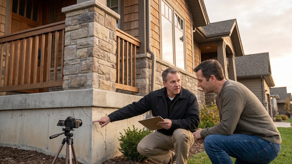 Foundation repair contractor explaining a crack inspection to a homeowner outside their home