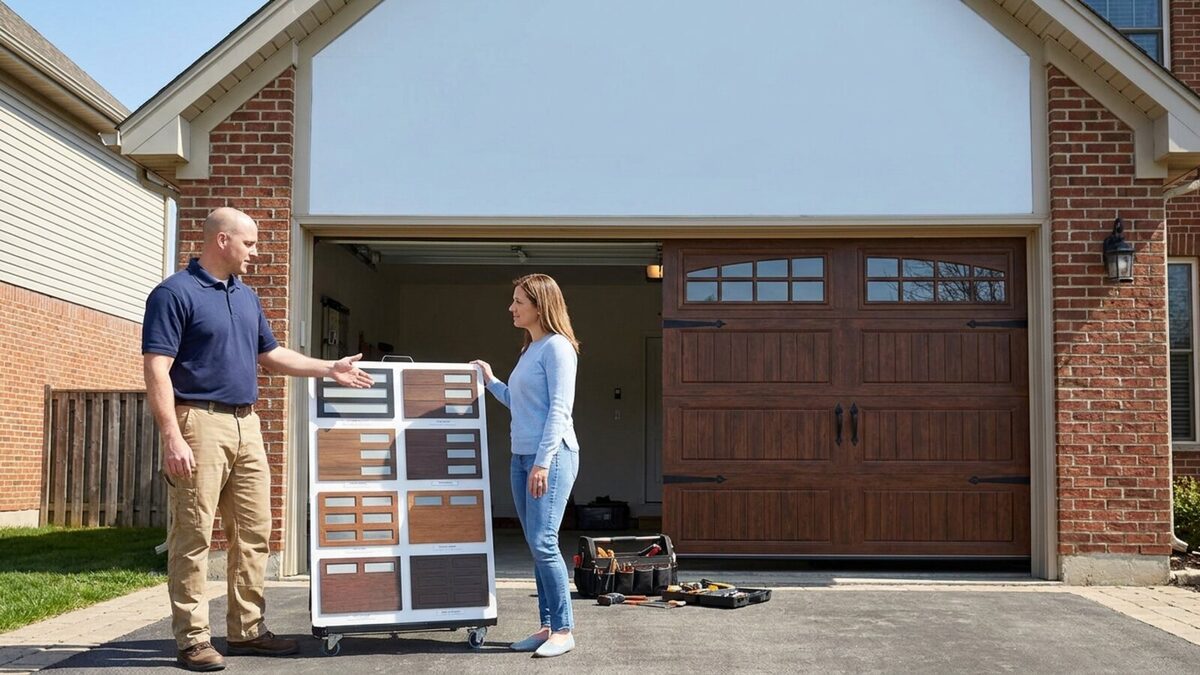 Garage door technician showing a homeowner modern carriage-style garage door panel options in a suburban driveway
