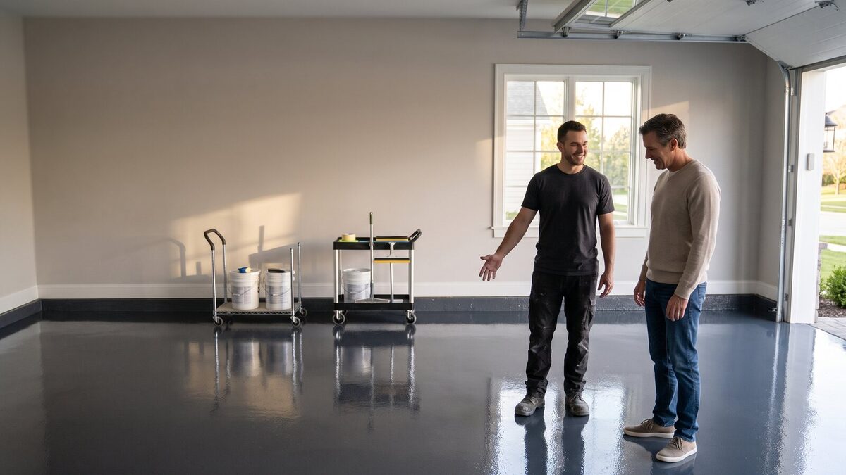 Garage floor coating contractor presenting a glossy finished epoxy floor to a homeowner in a high-end residential garage