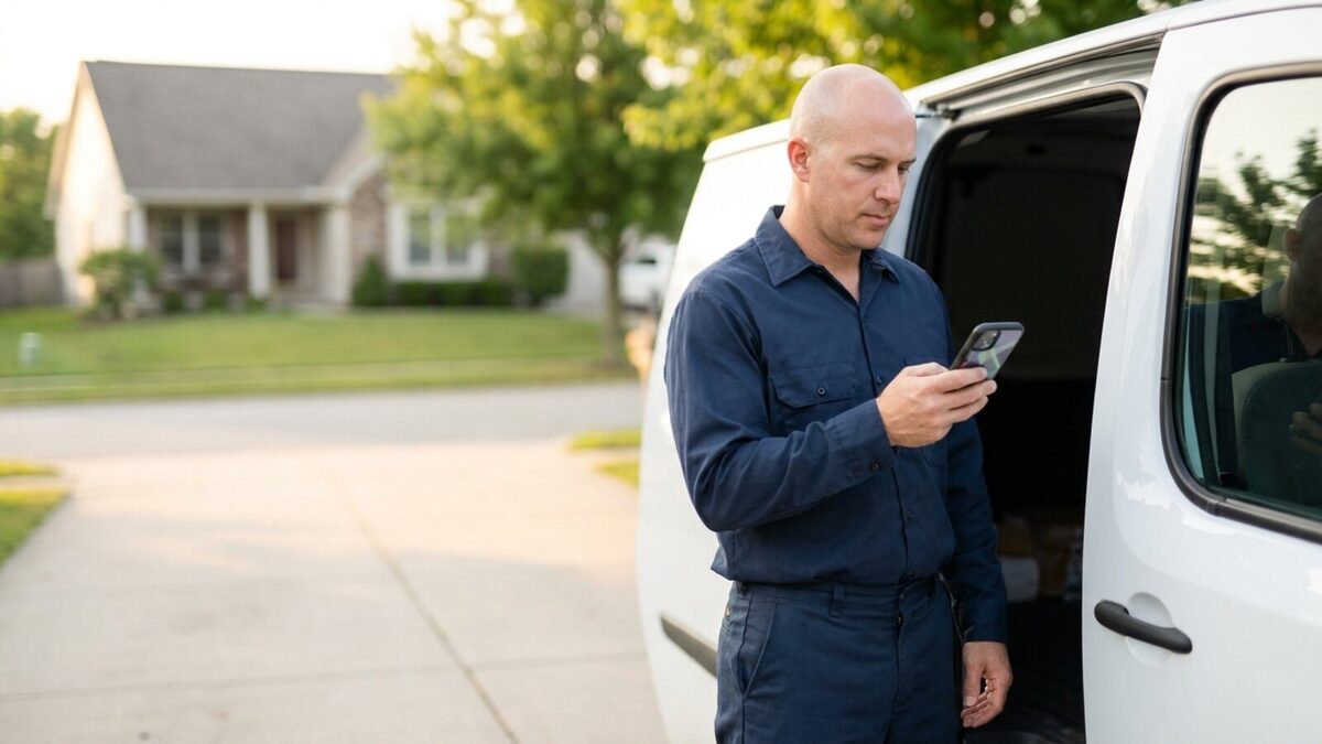 Contractor standing beside a work van in a residential driveway holding a smartphone showing local search results in soft morning light