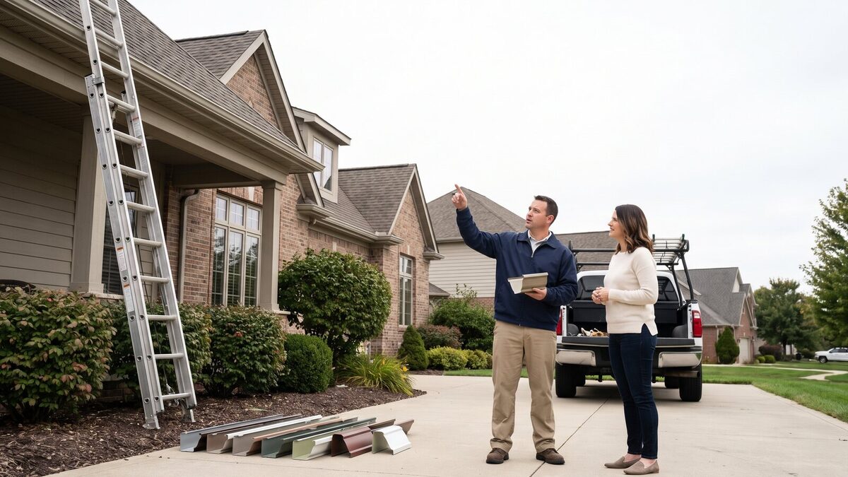 Gutter contractor explaining a seamless gutter upgrade to a homeowner outside a suburban home, ladder and gutter samples nearby