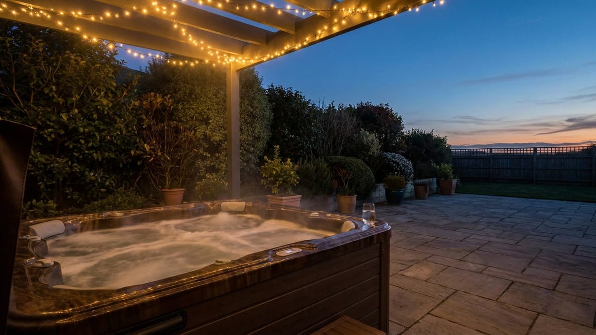 Modern hot tub on a stone patio at dusk with steam rising off the water, string lights glowing overhead and a dark planted border behind