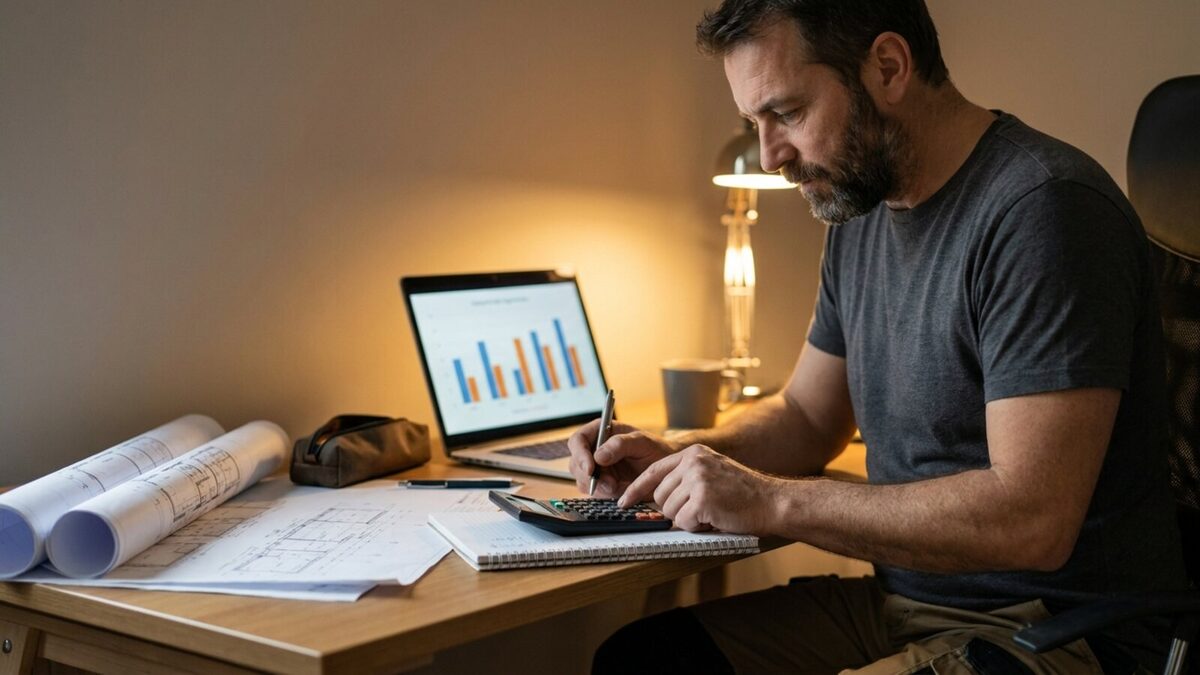 Contractor at a desk working through numbers on a notepad with a calculator, laptop showing a simple chart and rolled blueprints beside him under warm office lighting