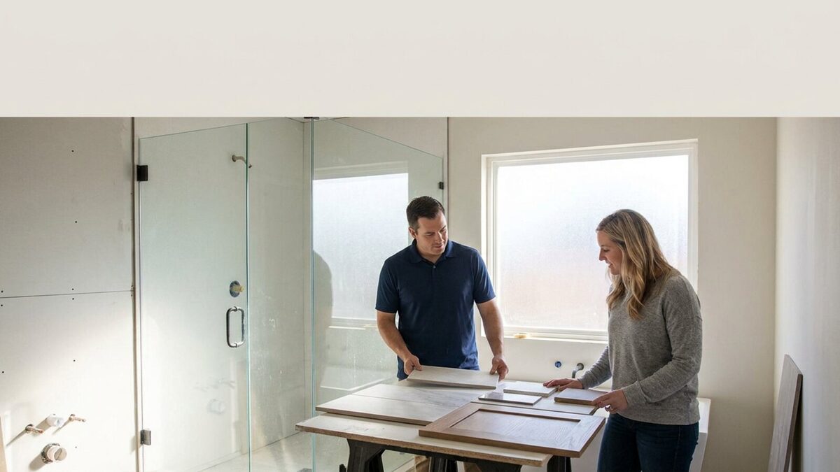 Remodeling contractor and homeowner reviewing tile and vanity samples in a partially finished bathroom with a glass walk-in shower in bright natural light