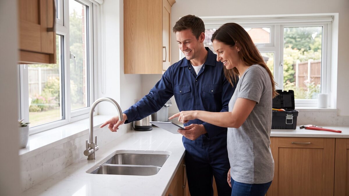Plumber reviewing sink replacement project with homeowner