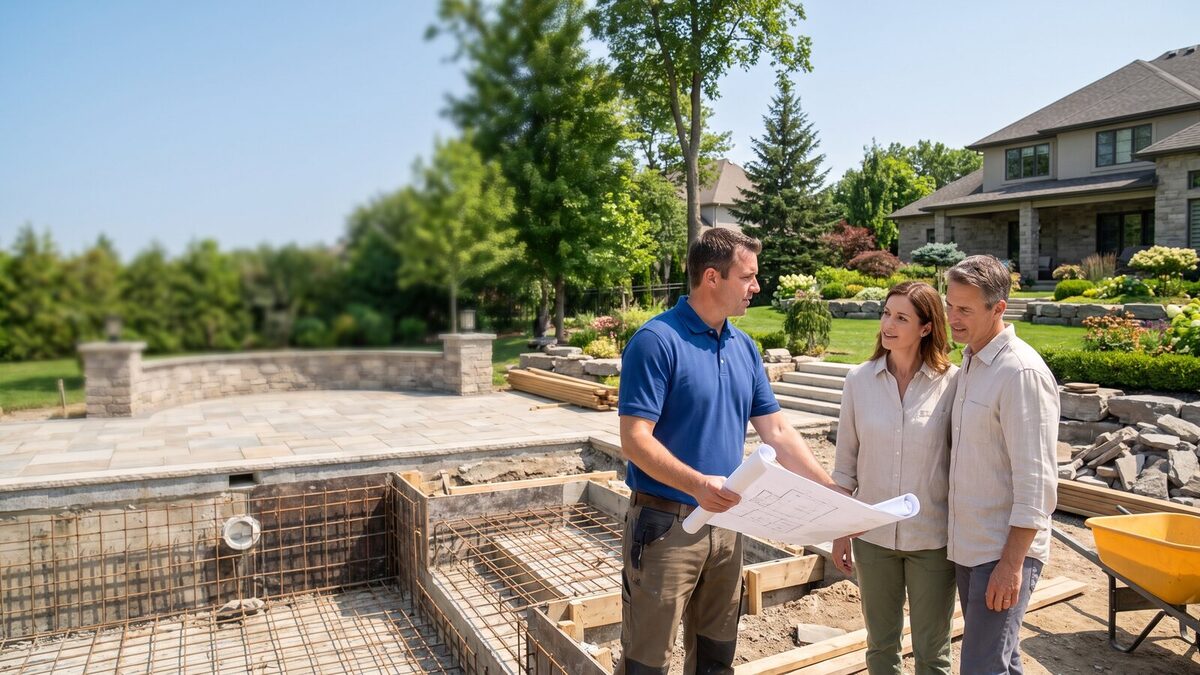 Pool builder reviewing backyard pool design plans with homeowners at an in-progress premium inground pool project