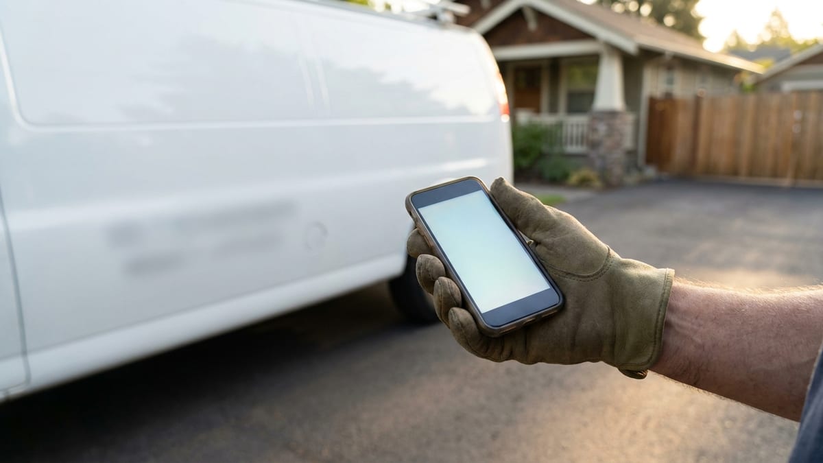 Contractor holding a smartphone showing a blank incoming call screen while standing beside a plain white work van in a residential driveway in early morning light