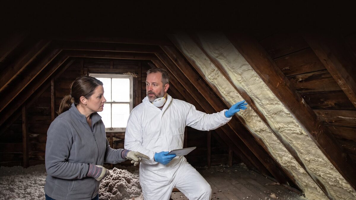 Insulation contractor in protective gear pointing out spray foam attic insulation to a homeowner during a home energy assessment