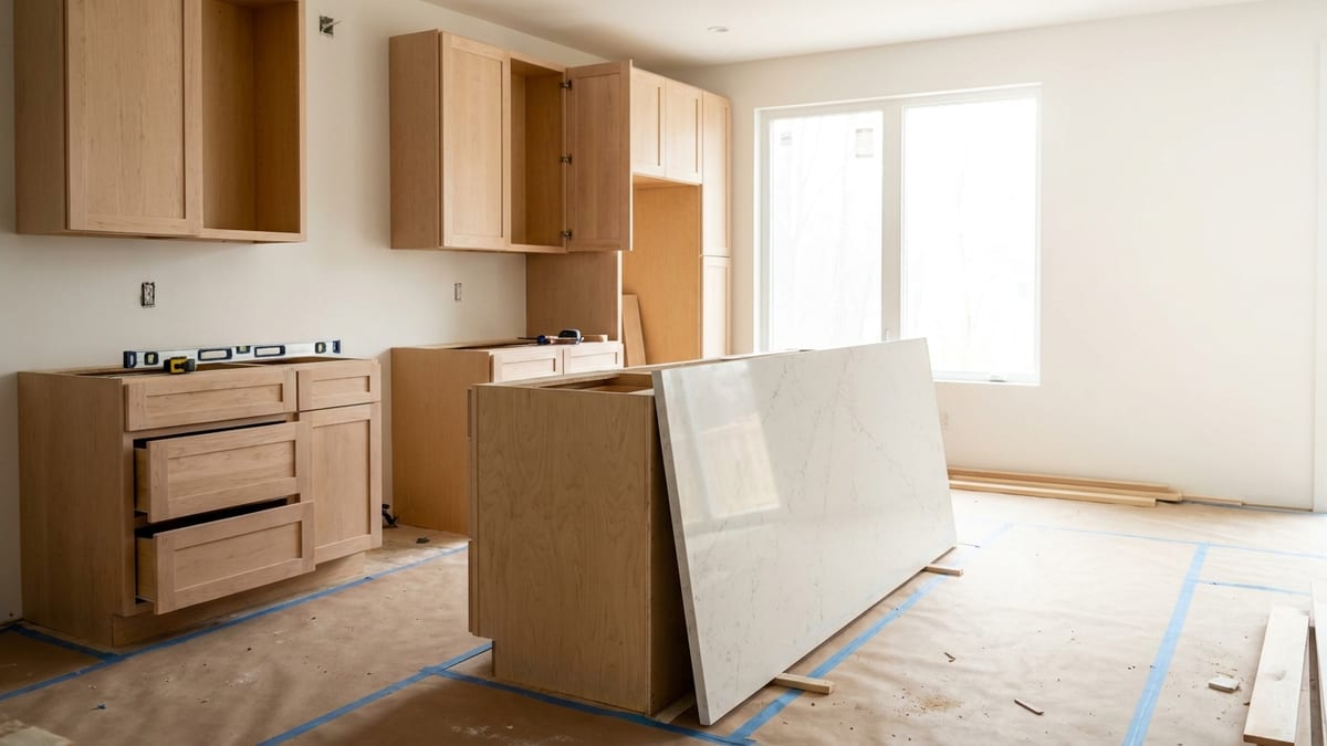 Partially finished high-end kitchen remodel with new shaker cabinet boxes installed along one wall, a quartz slab leaning against a plywood counter, floor protection down, and a tape measure and level resting on a base cabinet in daylight