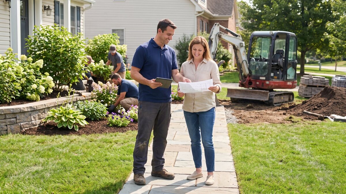 Landscaping contractor reviewing a front yard design plan with a homeowner beside a freshly planted garden bed