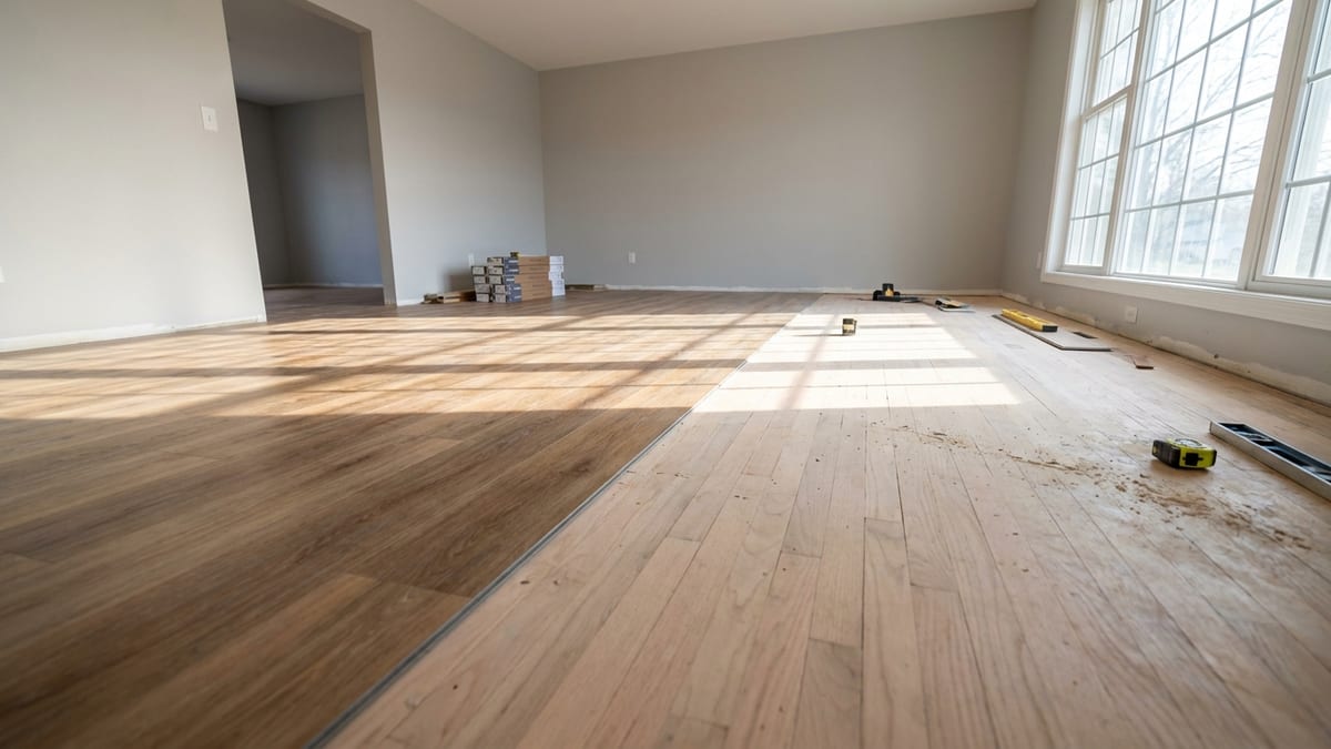 Empty living room mid-installation with luxury vinyl plank on one half meeting sanded bare hardwood at a seam, sunlight from a large window falling across the open floor