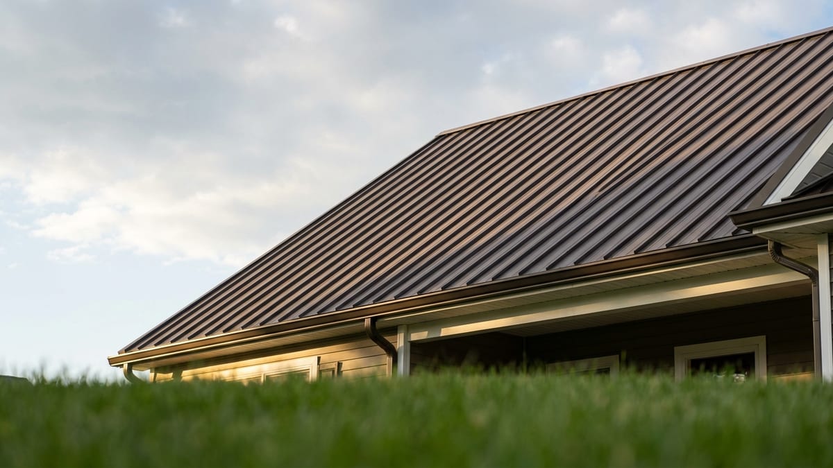 Standing-seam metal roof on a suburban two-story home in late afternoon light, raking shadows across the vertical ribs with clean gutters and trim visible from the front lawn