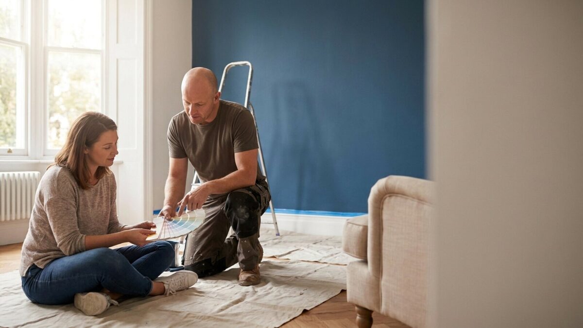 Professional painter reviewing color swatches with a homeowner beside drop cloths and a freshly painted accent wall in bright natural light