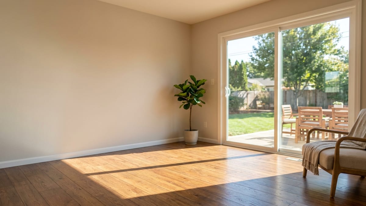 Newly installed sliding glass patio door in a bright living room with sunlight crossing clean hardwood flooring and a backyard visible through the glass