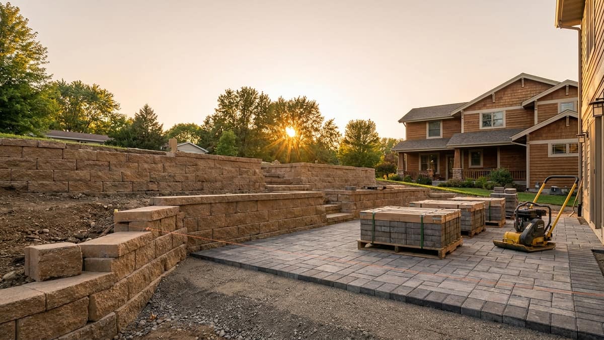 Backyard mid-build with a tiered segmental block retaining wall and a partially laid paver patio, banded pallets of pavers and a plate compactor sitting on the gravel base, string line stretched across the work area in warm evening light