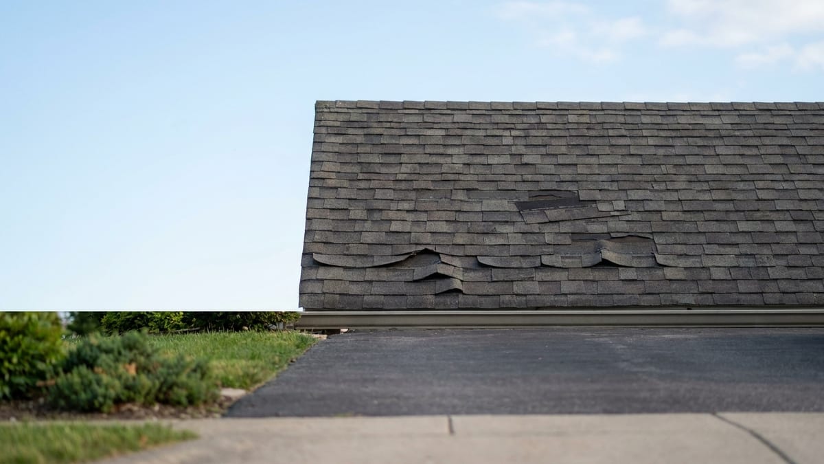 Close-up view of a residential asphalt shingle roof from a driveway, with several curled and missing shingles visible against a clear blue sky in afternoon light