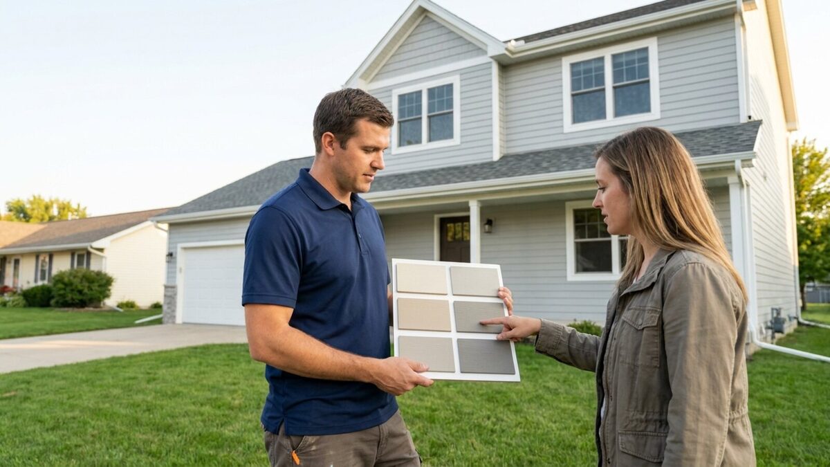 Siding contractor holding fiber cement siding samples while talking with a homeowner in a front yard, freshly sided two-story house behind them in bright afternoon light
