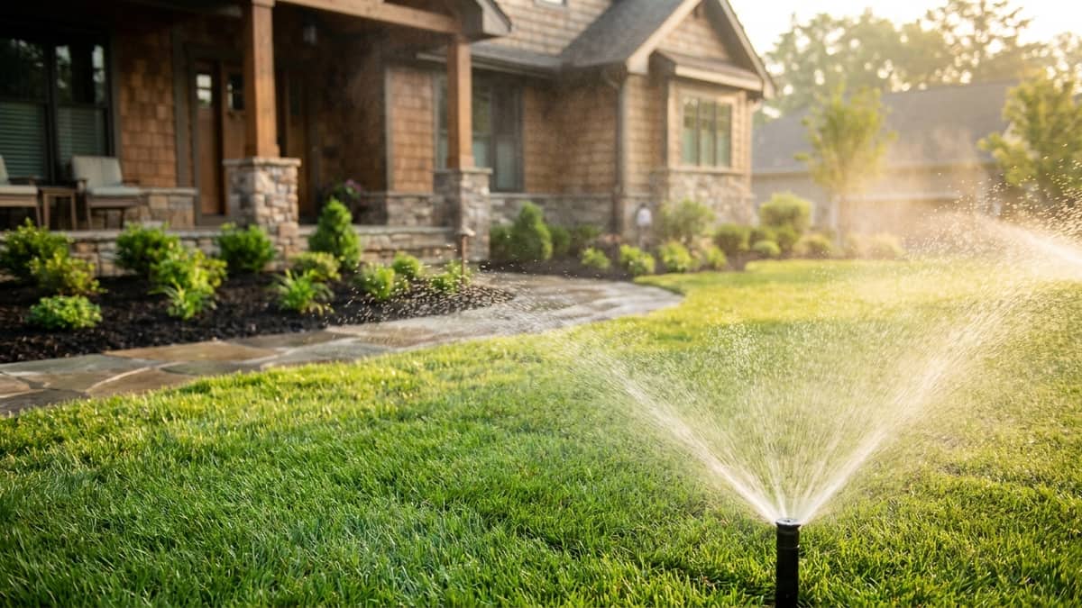 Freshly sodded front yard in morning light with an irrigation head spraying a fine arc of water, mulch bed and young shrubs along the walkway