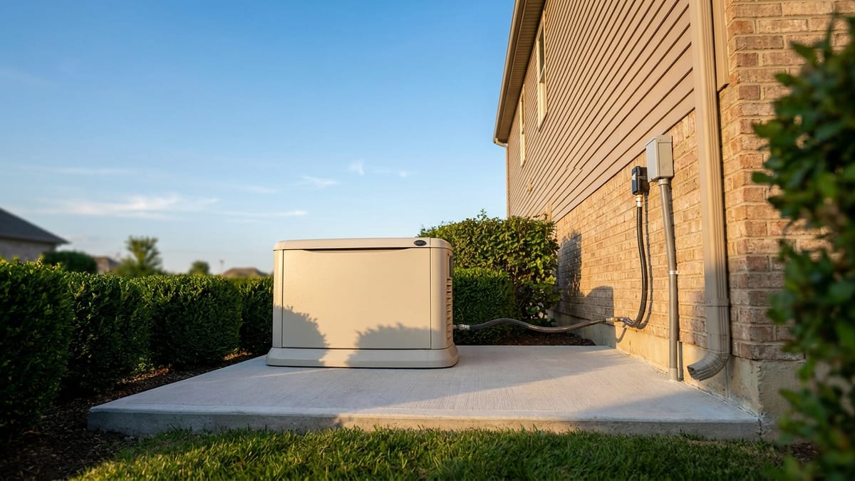 Beige standby generator on a fresh concrete pad beside a suburban home with a gas line and conduit running to the exterior wall, trimmed hedges and green lawn in late afternoon light