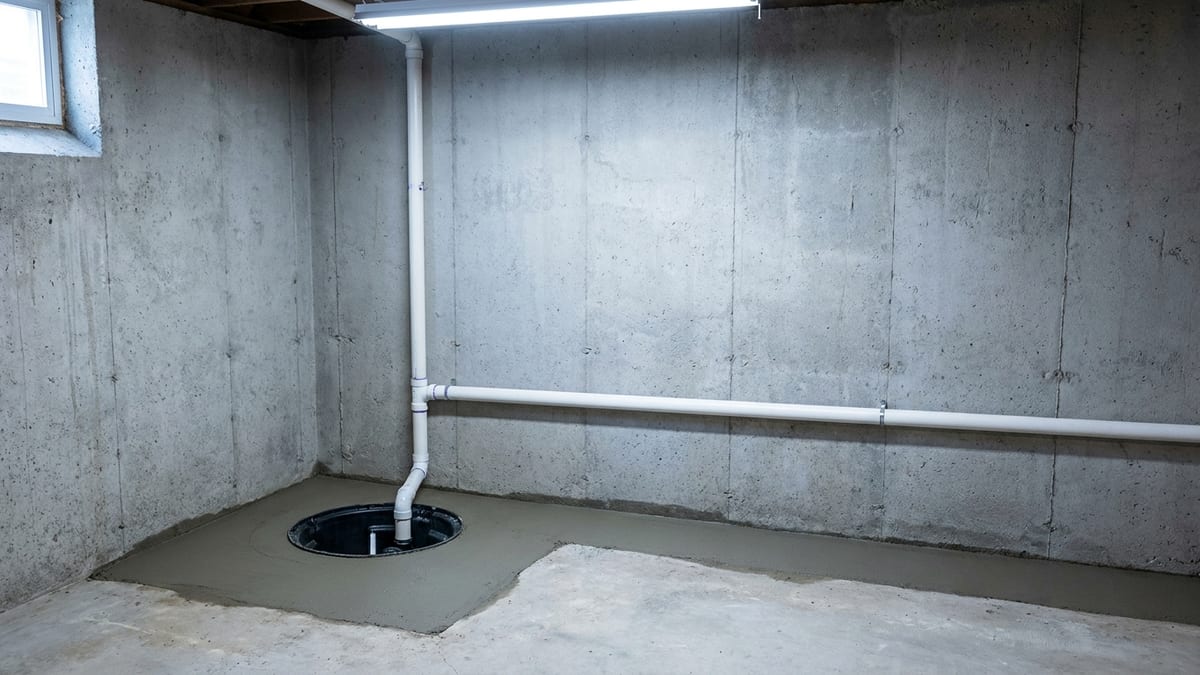 Unfinished basement corner with a newly installed sump pump basin, white PVC discharge line and a fresh concrete patch along the floor perimeter under cool overhead light
