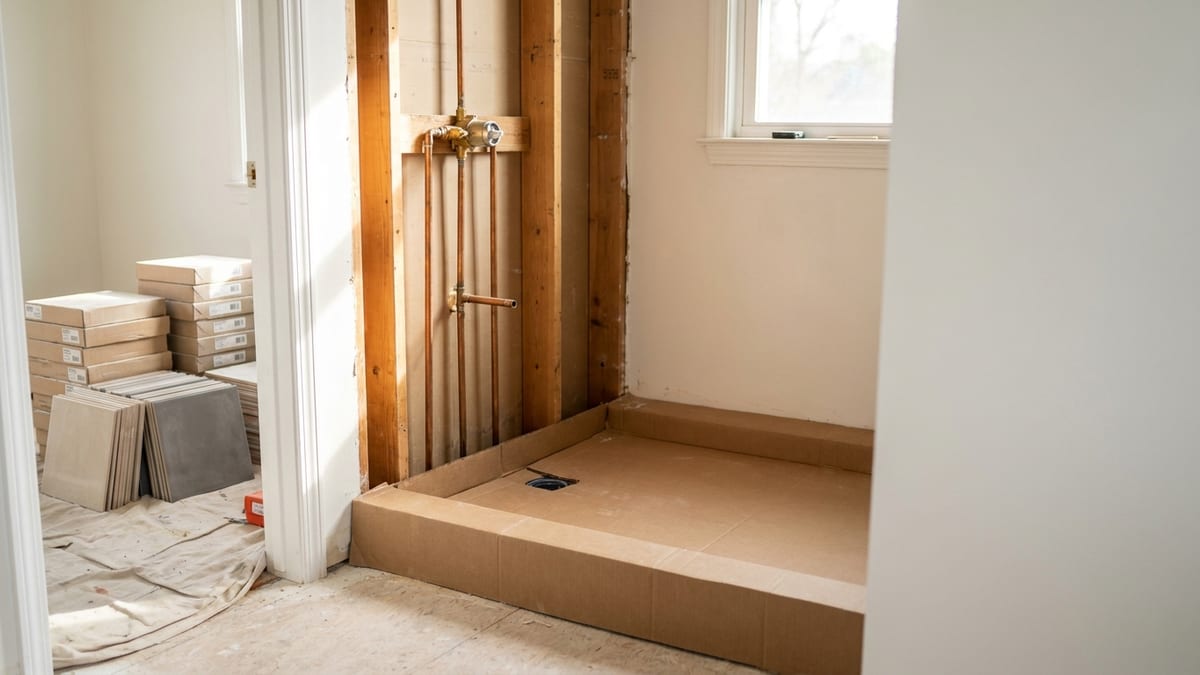 Bathroom mid-renovation with the old alcove tub removed, exposed wall studs and a rough plumbing valve, a new low-threshold shower base set in place under cardboard, and tile boxes stacked in the doorway