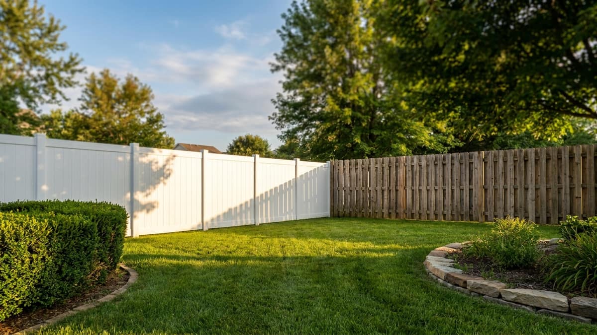 New white vinyl privacy fence meeting a cedar wood fence line across a green backyard lawn in late-day sunlight