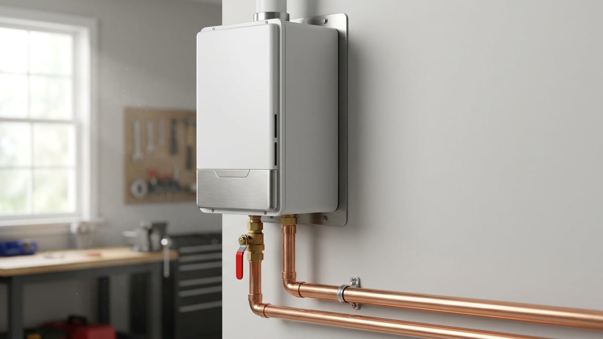 Newly installed tankless water heater mounted on a clean garage wall with copper supply lines and a shutoff valve, lit by soft natural light from a side window