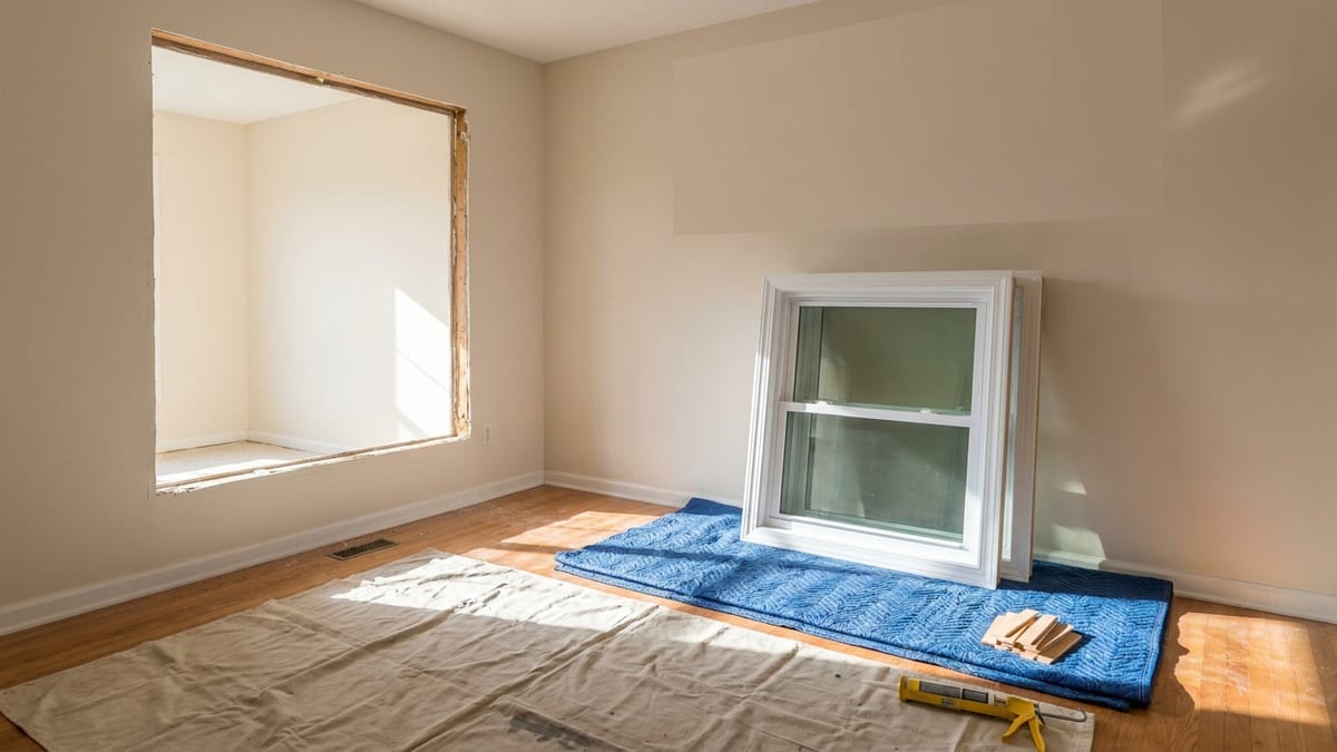 Living room mid window replacement with an old double-hung unit removed, a new vinyl window resting on padded blankets, and a caulk gun and shims on a drop cloth in bright afternoon light